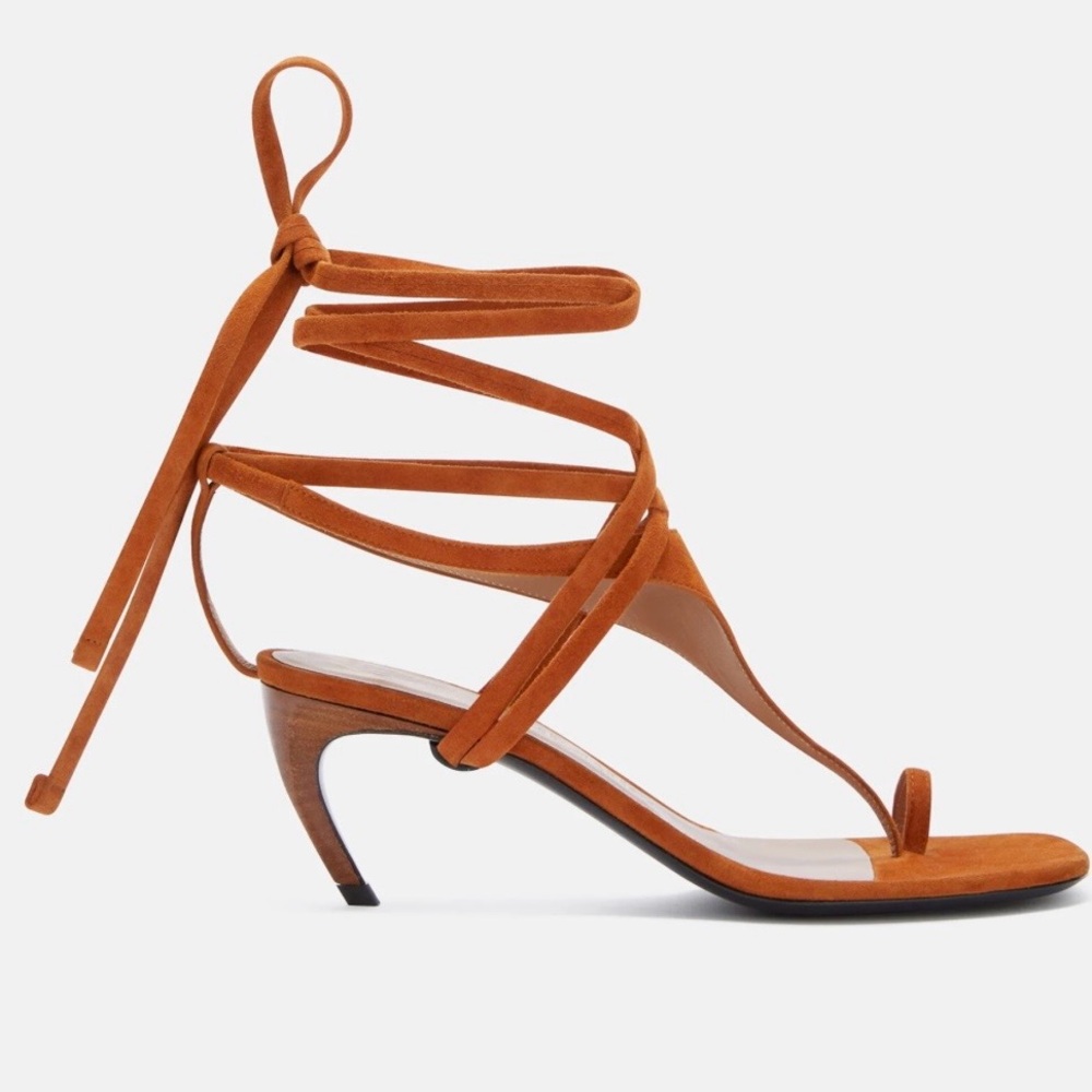 "Nova" thong sandal in cigar suede, heel height 65mm. Made in Italy.